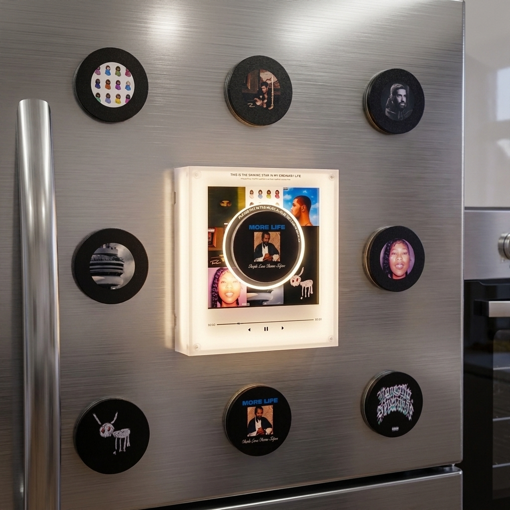 EchoMuse magnet-mounted on a fridge